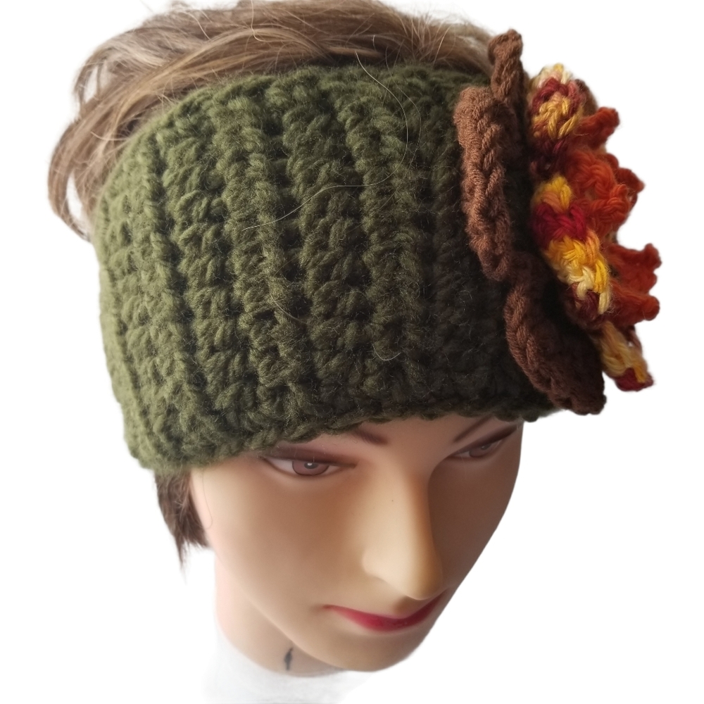 Handcrafted Crochet 3D Flower Wide Green Headband Oversize